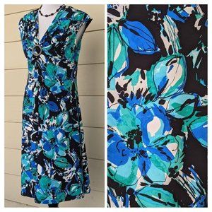 Blue Teal Tropical Floral Summer Dress Deep V-neck Summer Garden Party Fit Flare